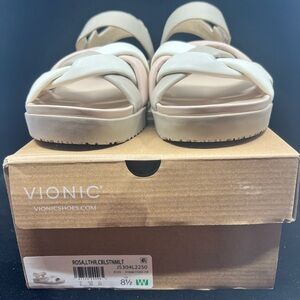 Vionic Rosa platform comfort sandals in cobblestone multi neutral tones. NIB